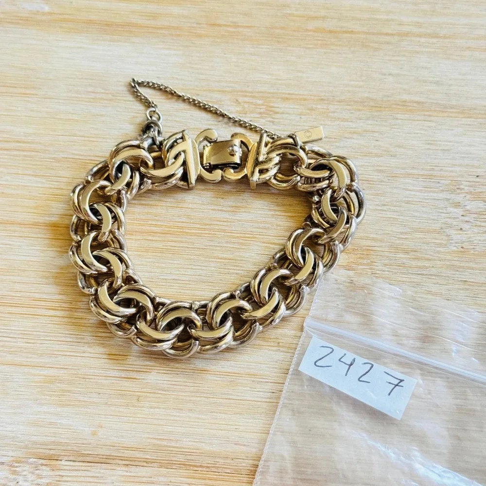 VTG Monet Gold Plated Chain Curved Link‎ Bracelet Charm Starter MCM Retro 7.5
